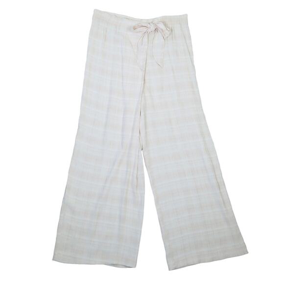 Vintage 90s Express cream and white plaid wide leg flowy pants L - Picture 1 of 6